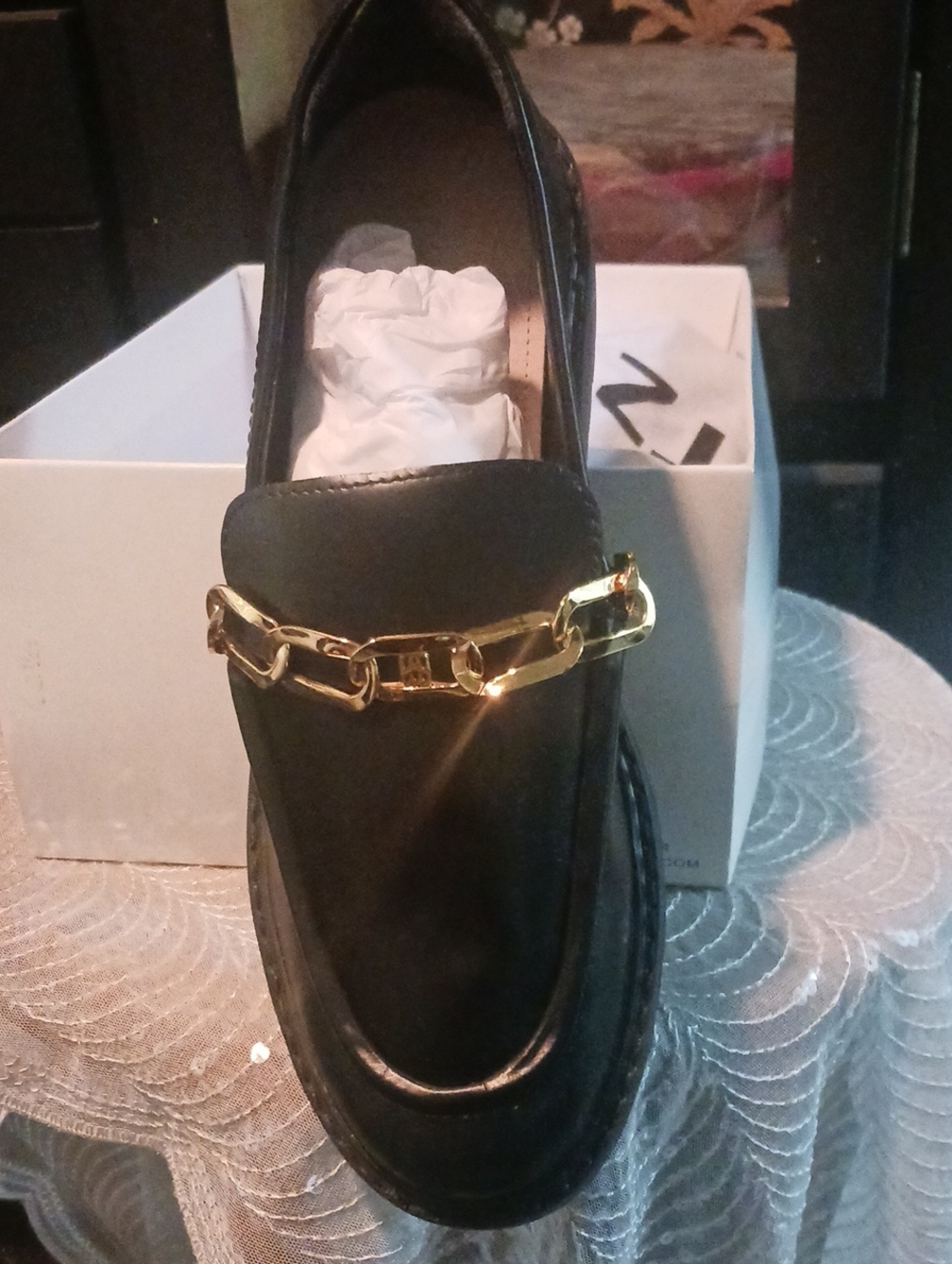 SCHUTZ Black Loafer with Gold Chain Detail